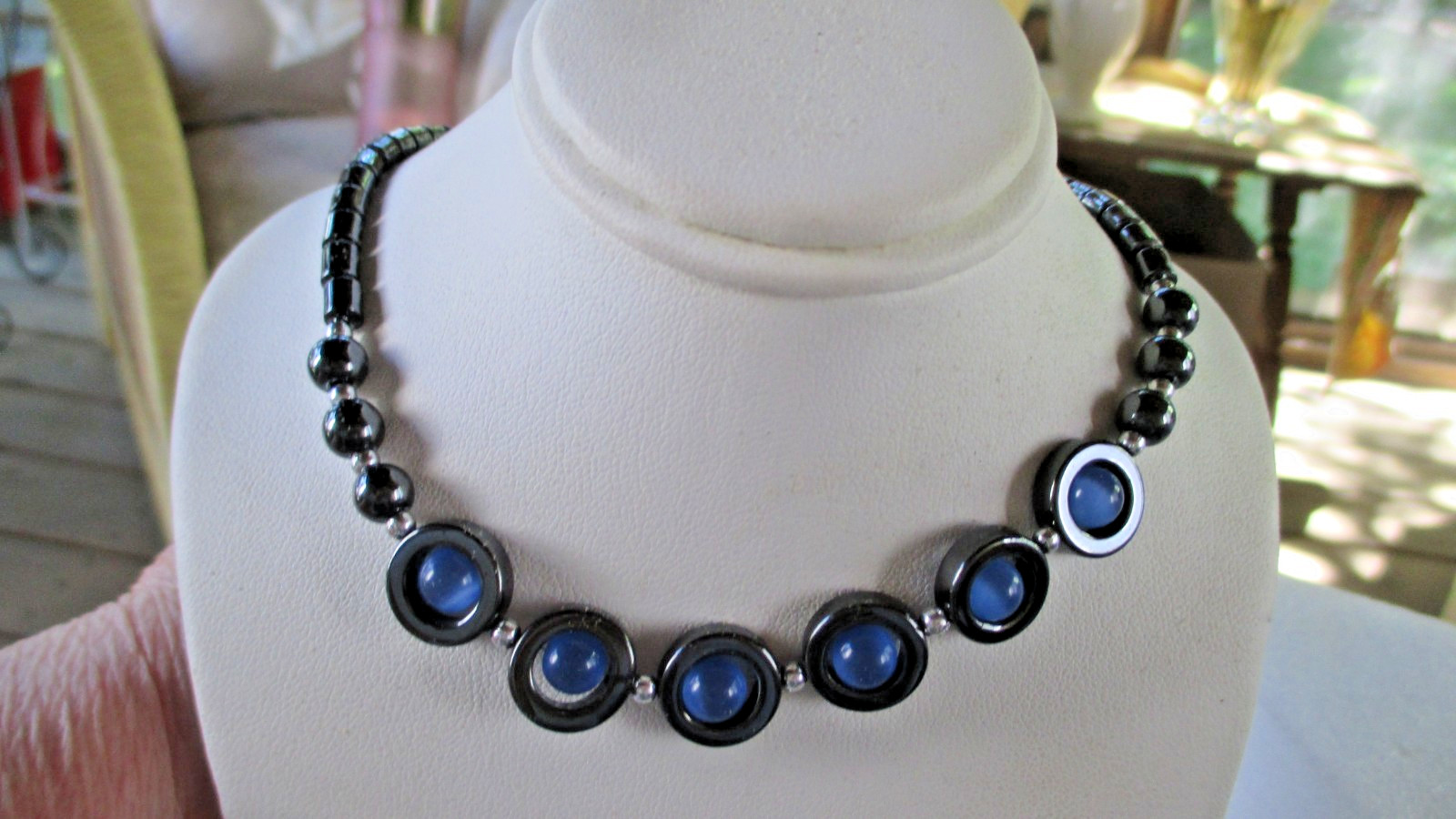 VINTAGE HEMATITE AND BLUE CAT’S EYE 18″ NECKLACE