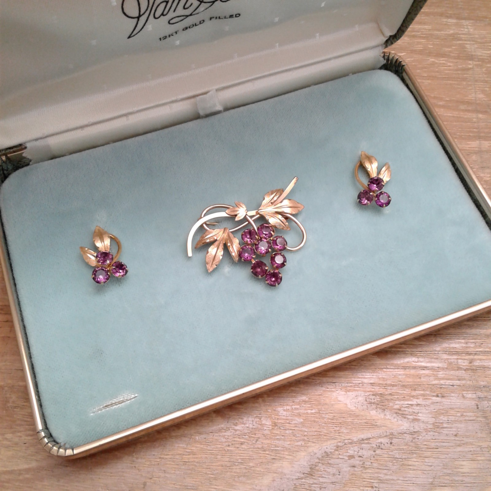 Vintage Amethyst Van Dell 12kt Goldfilled Pin and Earrings Set in Original Box