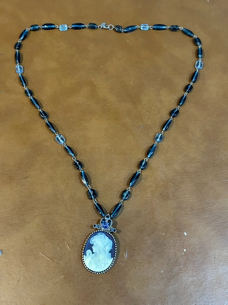 Vintage Blue Glass Beaded Necklace with Opalescent Cameo Style Pendant 15 inches