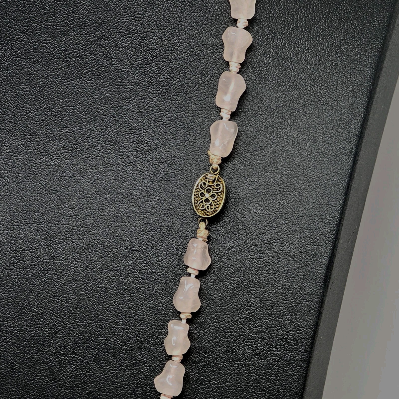 Antique Art Deco Knotted Rose Quartz Necklace Fancy Filigree Clasp Victorian 26″