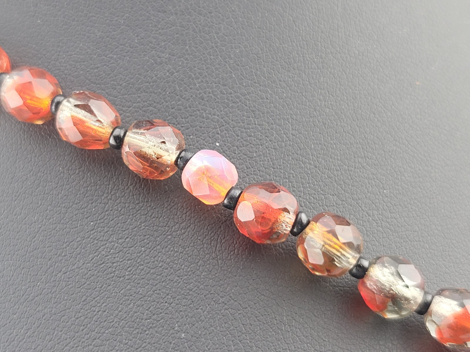 Antique Czech Red Clear Orange Givre Glass Crystal Bead Graduated 20″ Necklace