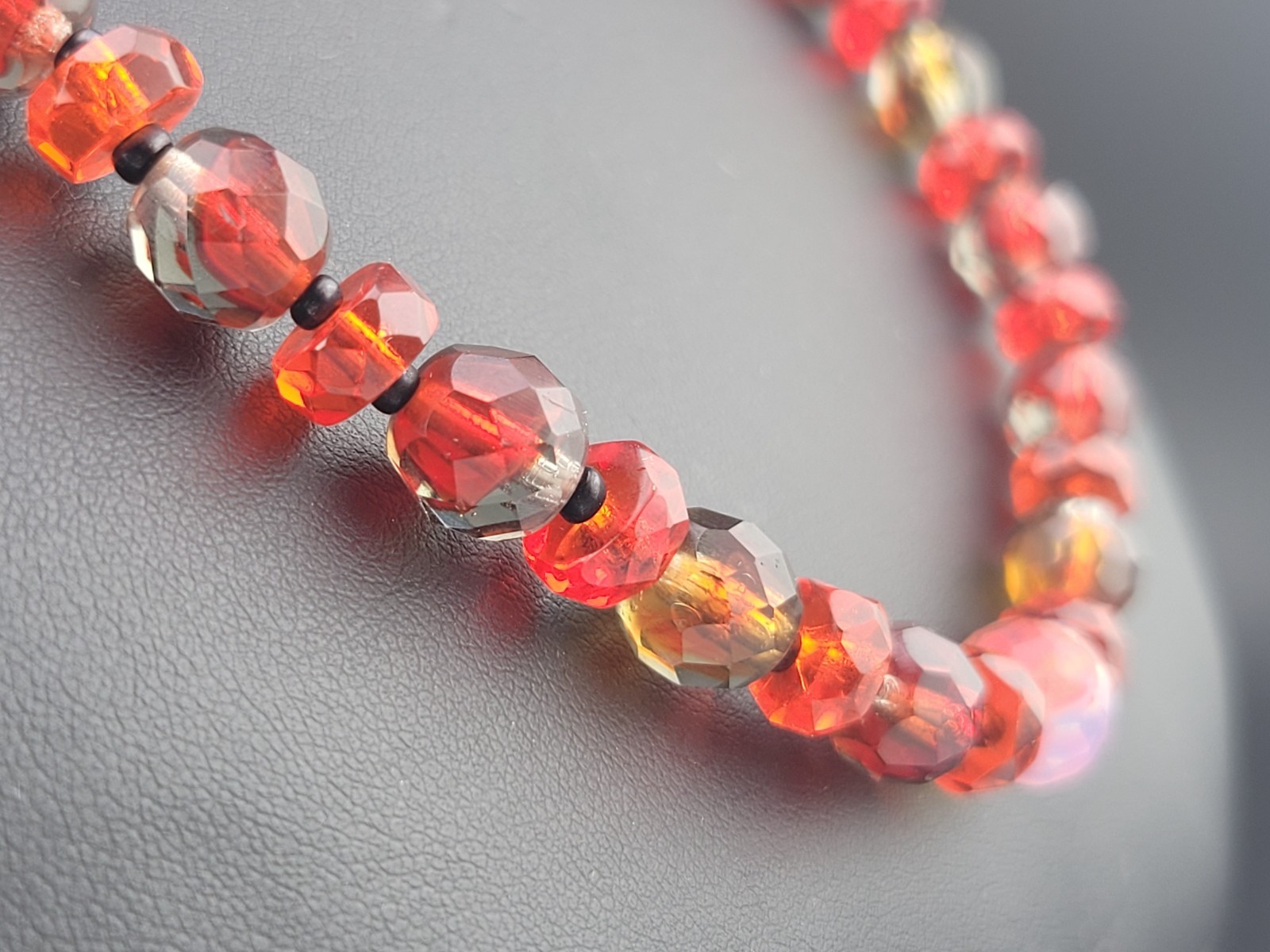 Antique Czech Red Clear Orange Givre Glass Crystal Bead Graduated 20″ Necklace