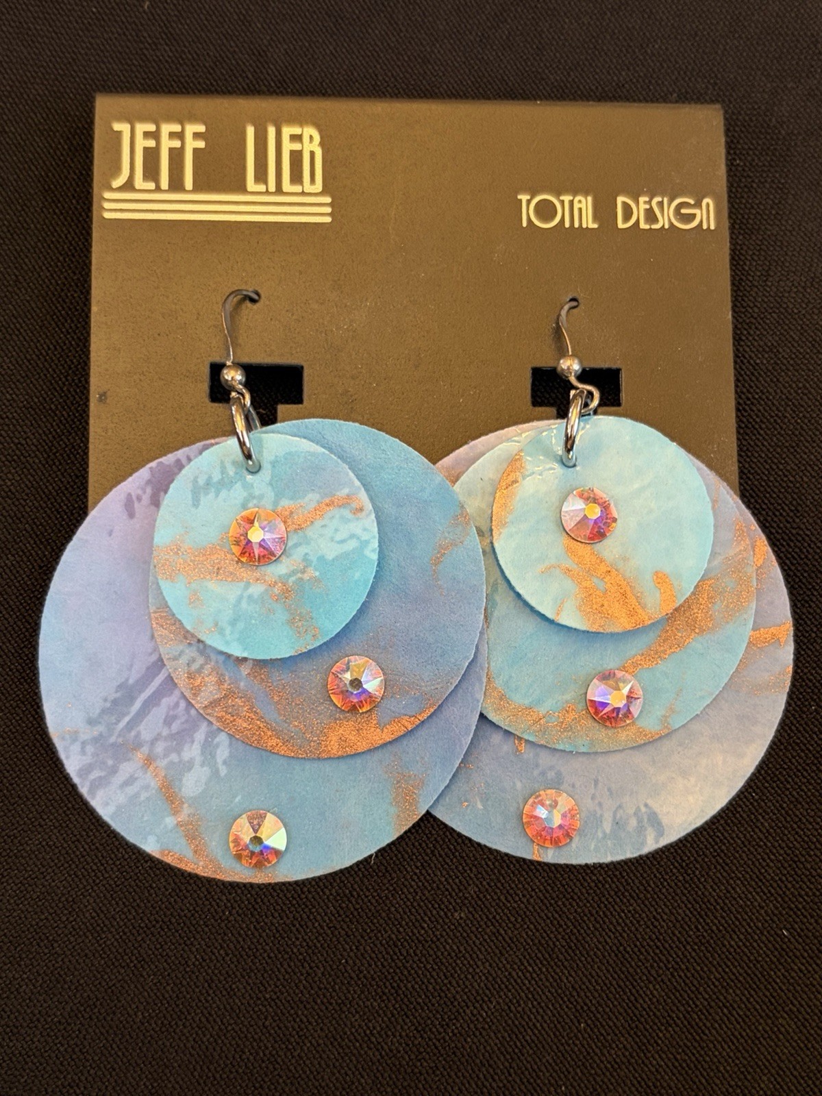 NEW Vintage Jeff Lieb Blue & Gold Marble Earrings Dangle Swarovski Chrystal’s