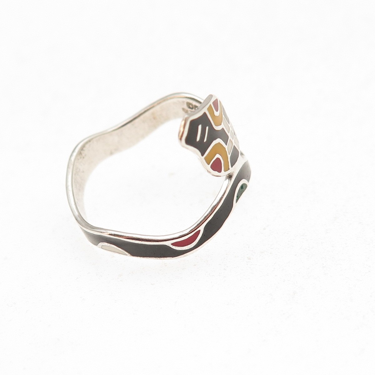 925 Sterling Silver Vintage Mexico Multi-Color Enamel Snake Ring Size 7