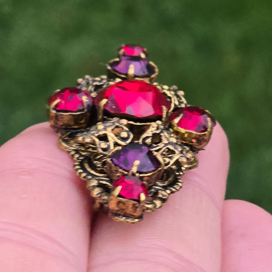 Antique Brooch Czech Glass Brass Filigree Pin Ruby Red Purple Czechoslovakia