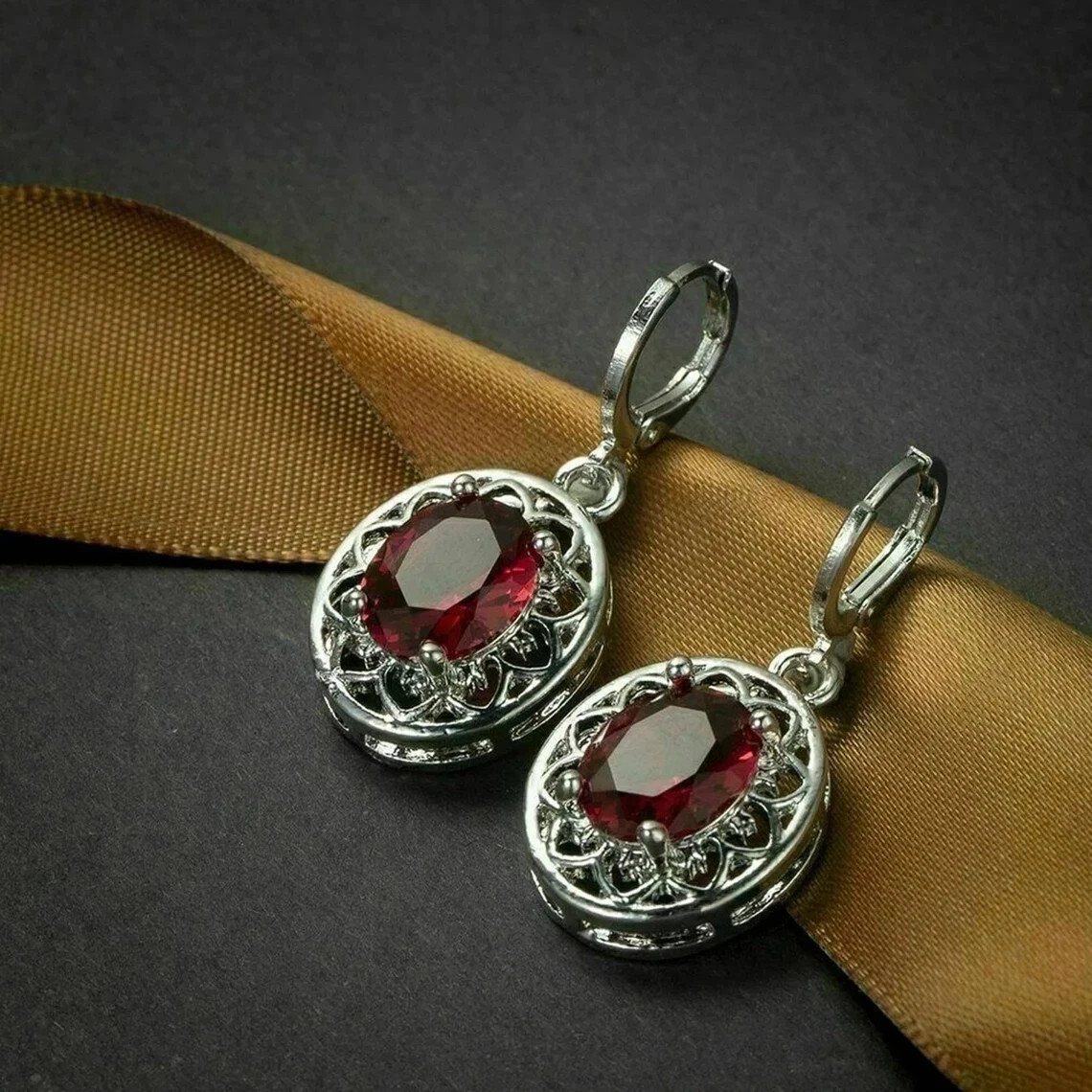 Art Deco Oval Cut Red Garnet Retro Floral 925 Silver Earrings Gift for her