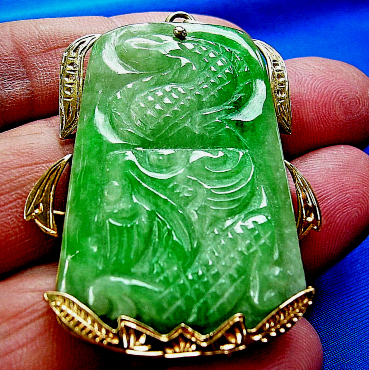 Original EARTH MINED Antique Green JADE DRAGON Pendant 14K GOLD Deco Luck Gift