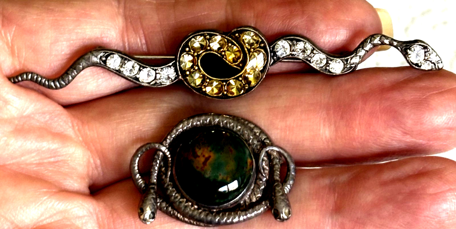 VINTAGE STERLING AND SILVER SNAKE BROOCHES (2) W/TURQUOISE AND ONE W/RHINESTONES