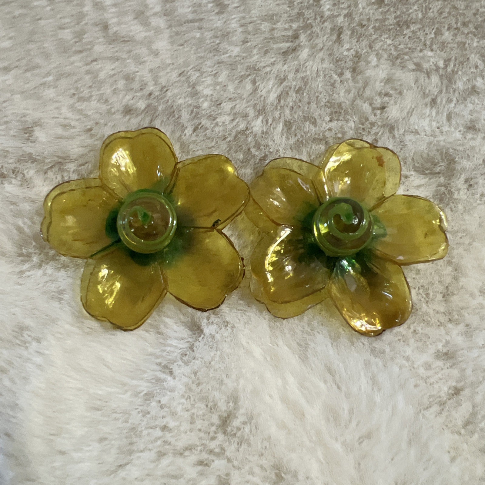 Vintage Cellulose Acetate Yellow Double Layer Petal Floral Clip On Earrings