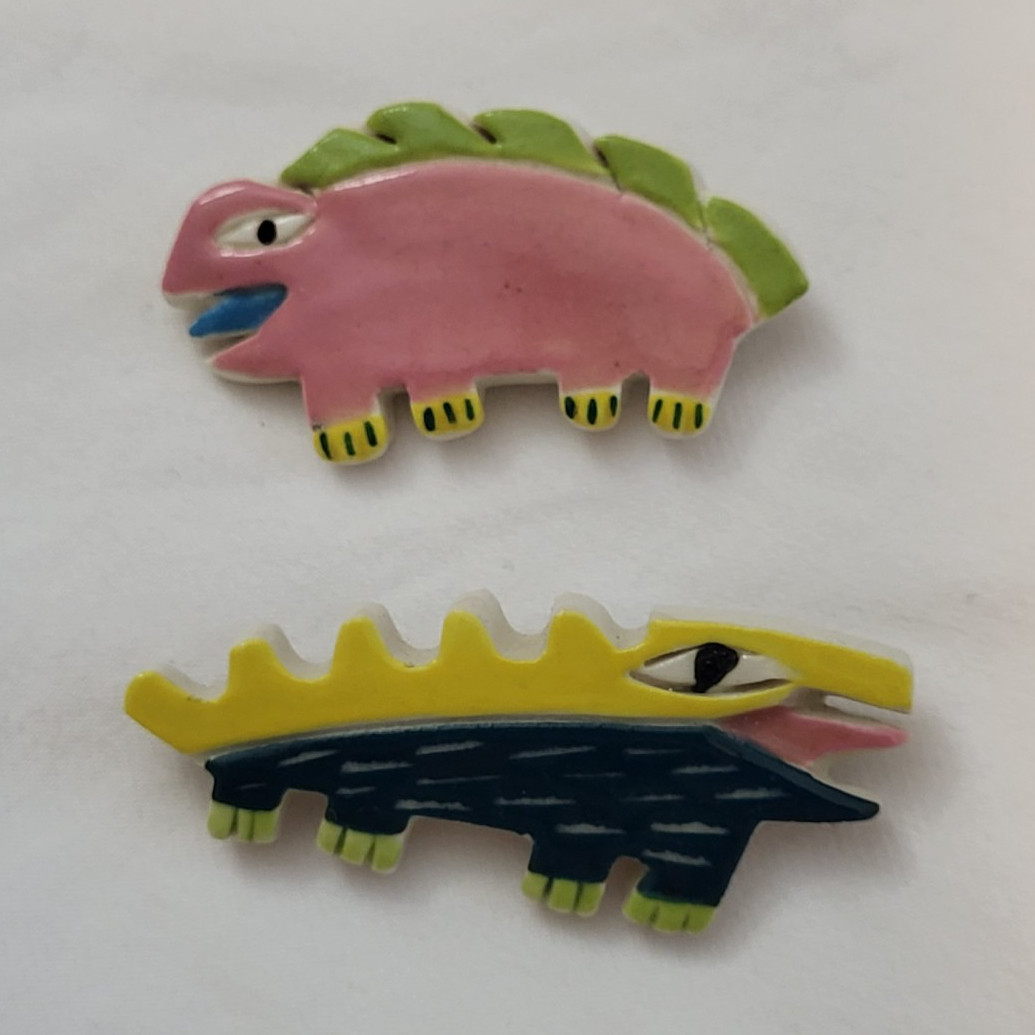 Vintage Linda Huey Ceramic Dinosaur Brooch Set of 2