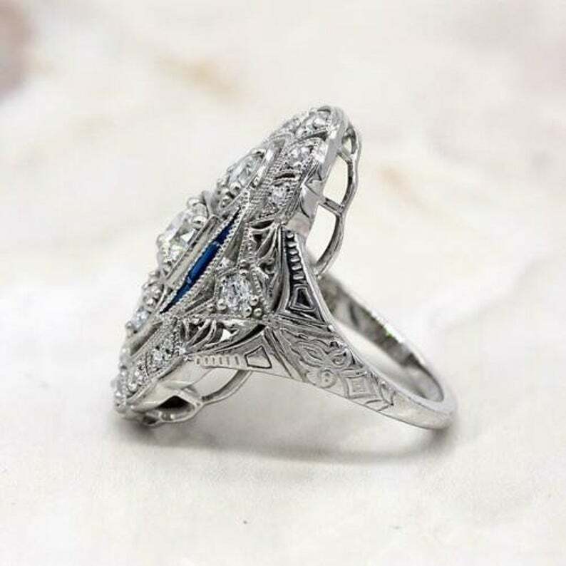 Art Deco Style Lab-Created Diamond & Sapphire Engagement Ring 14K White Gold FN