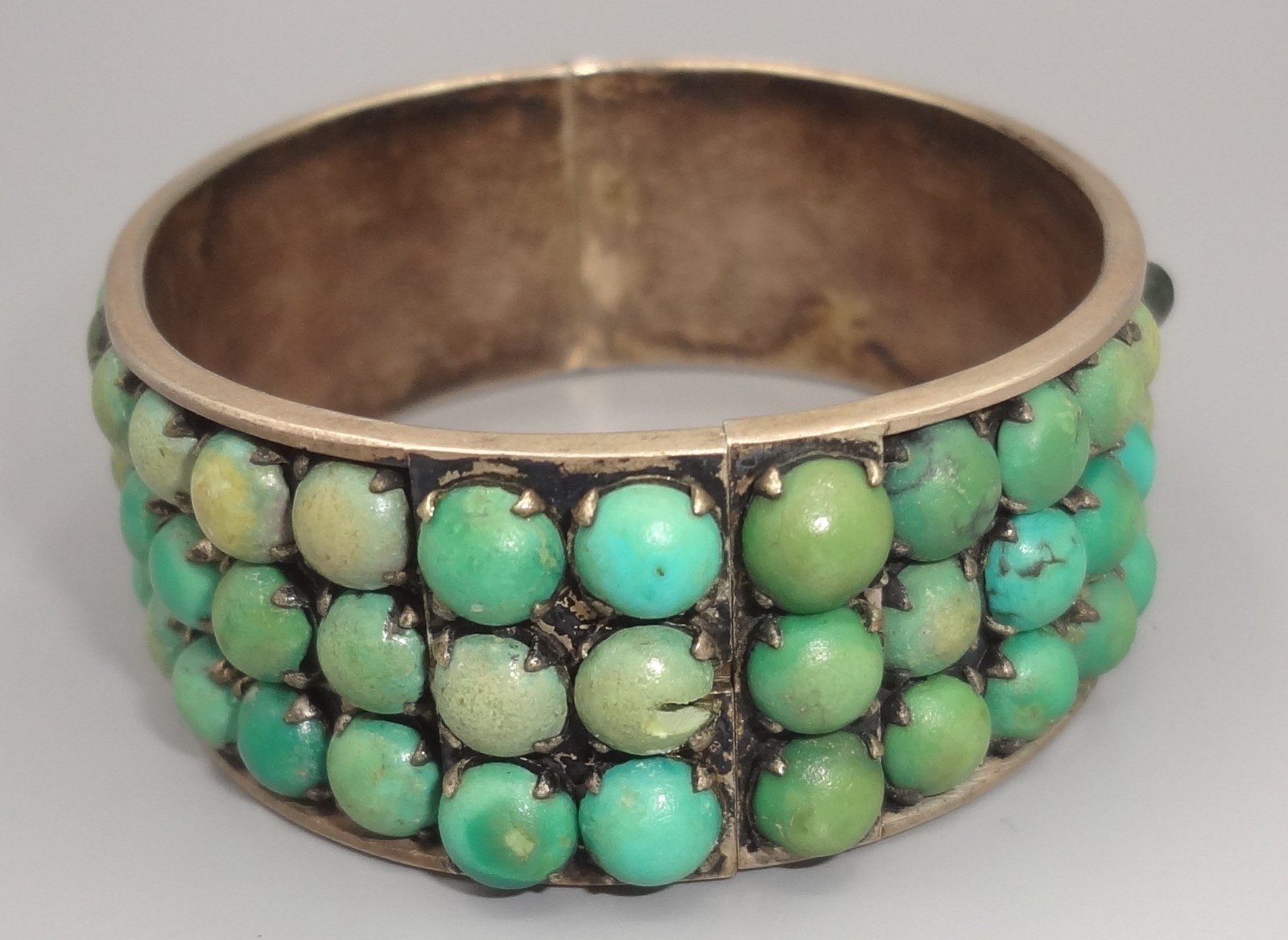 Antique BEE CHINA SILVER Chinese Export 3 Row Turquoise Cuff Bracelet READ