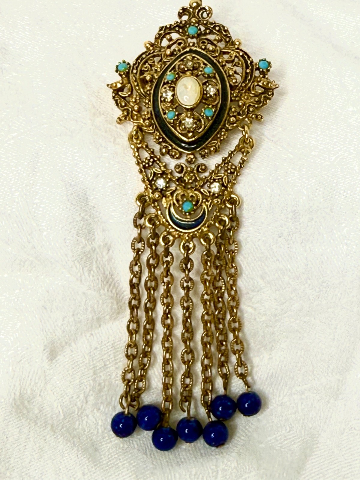 Vintage Florenza Filigree Brooch • Gold-Tone Fringe • Turquoise/Opalette