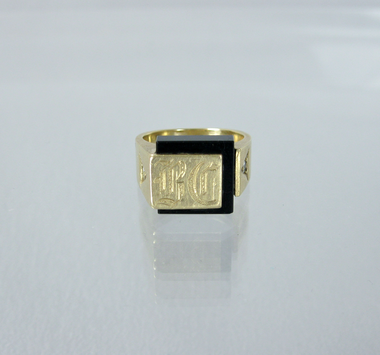 Vintage 14k Gold Onyx Diamond Mens Monogrammed BC Signet Ring Size 7