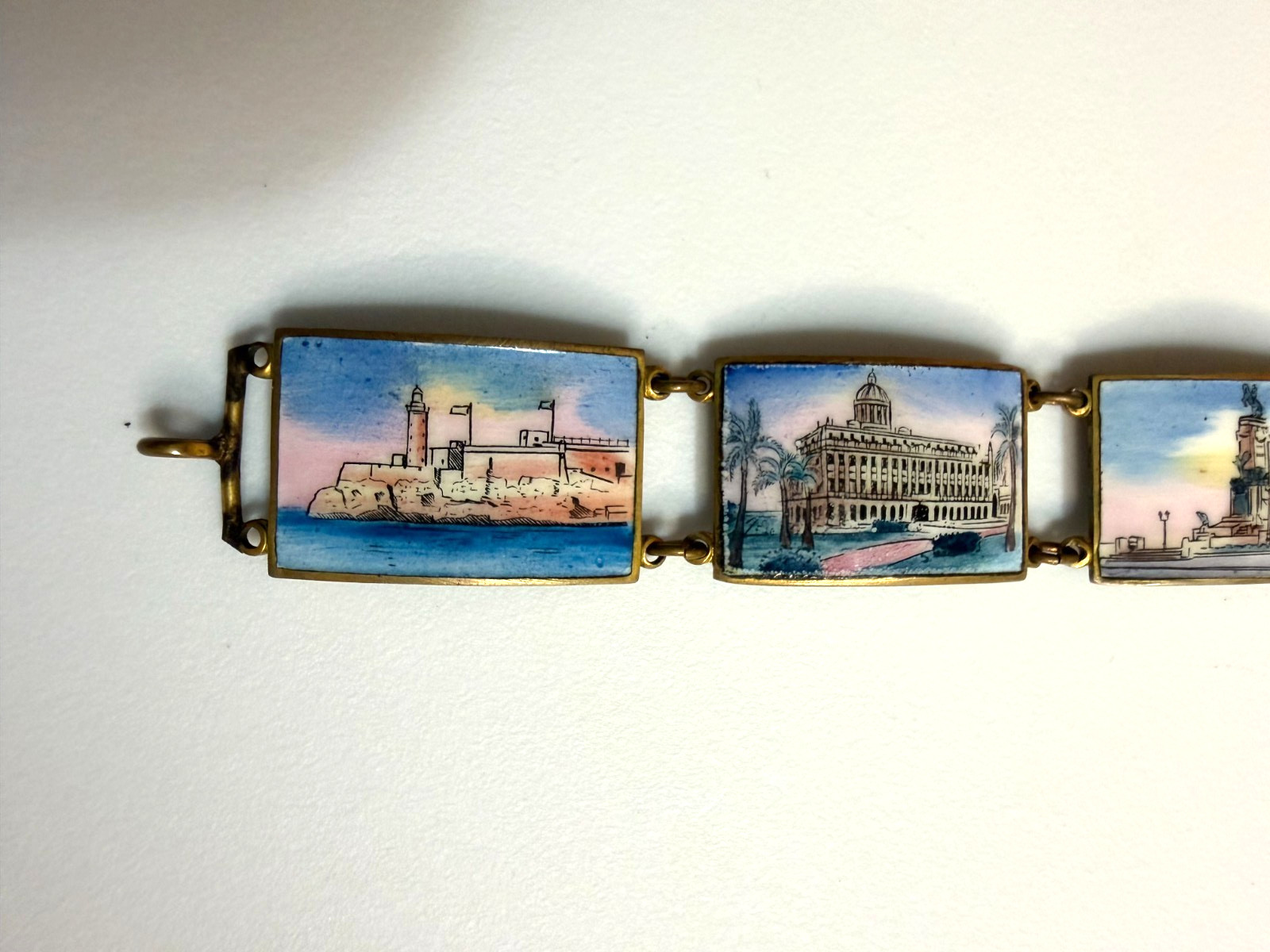 Vintage Havana Cuba Enamel Souvenir Travel Bracelet Panel Links Mid-Century