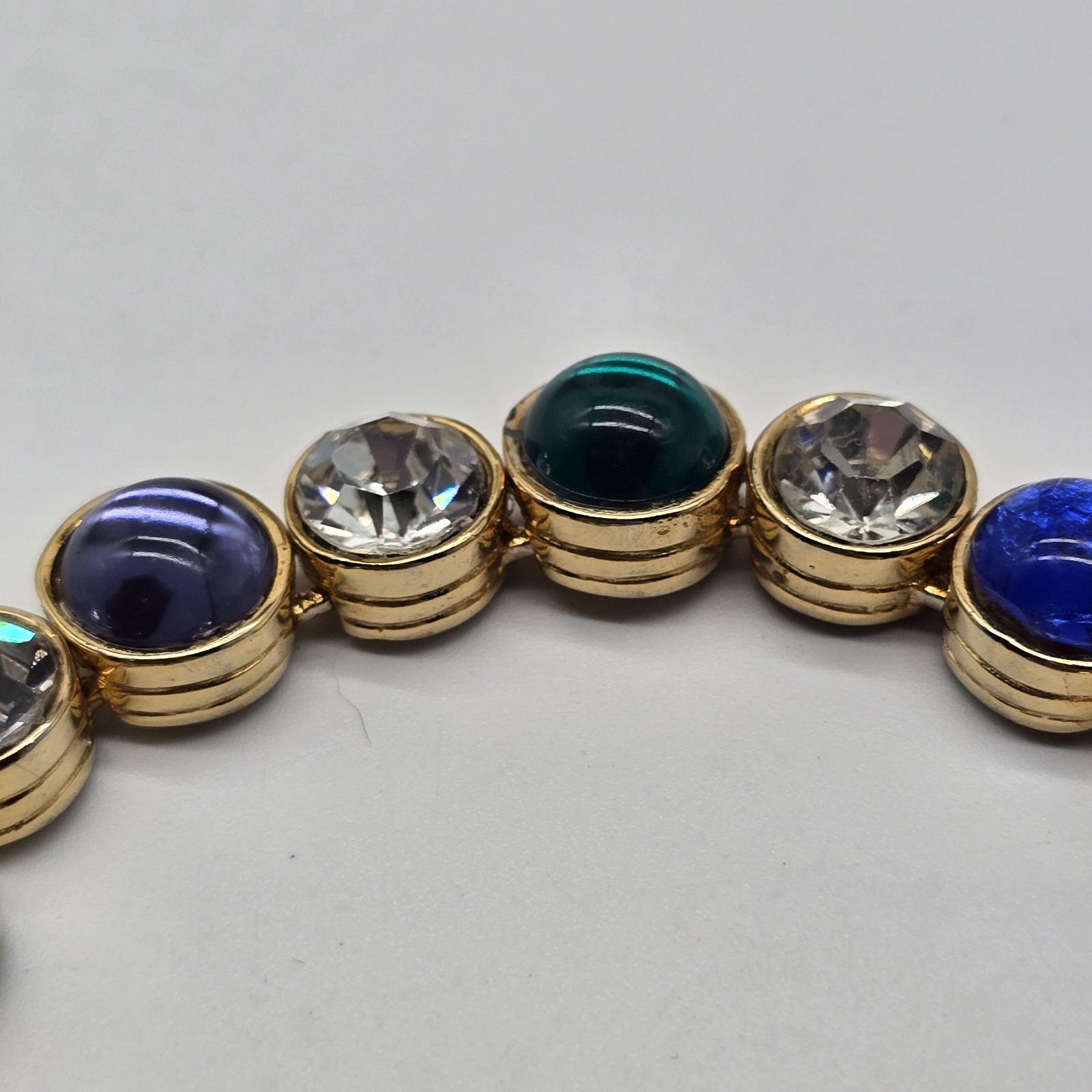 Vintage Les Bernard Bracelet Clear Rhinestones And Blue Green Purple Cabochons