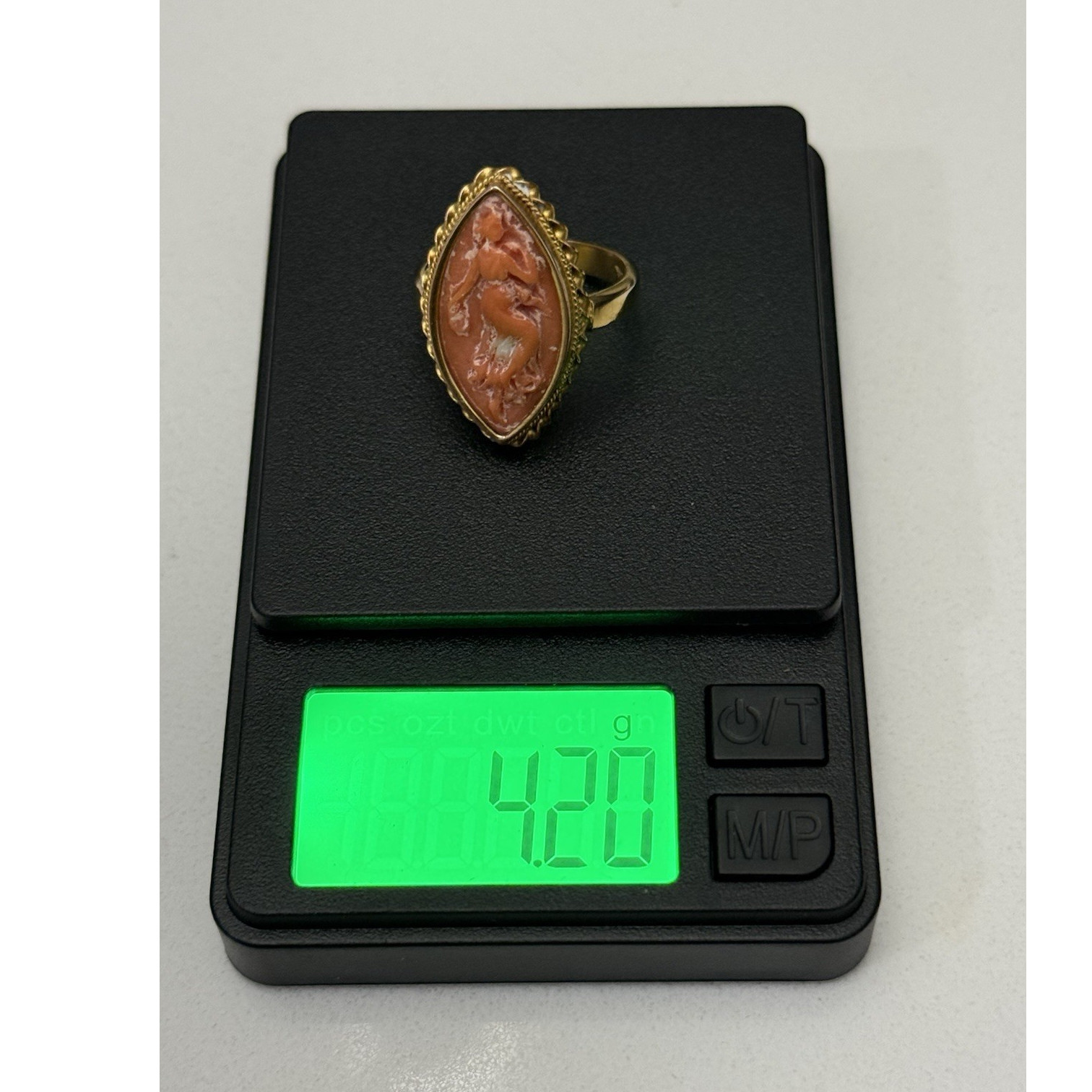 Antique Coral Cameo Ring 14K Yellow Gold