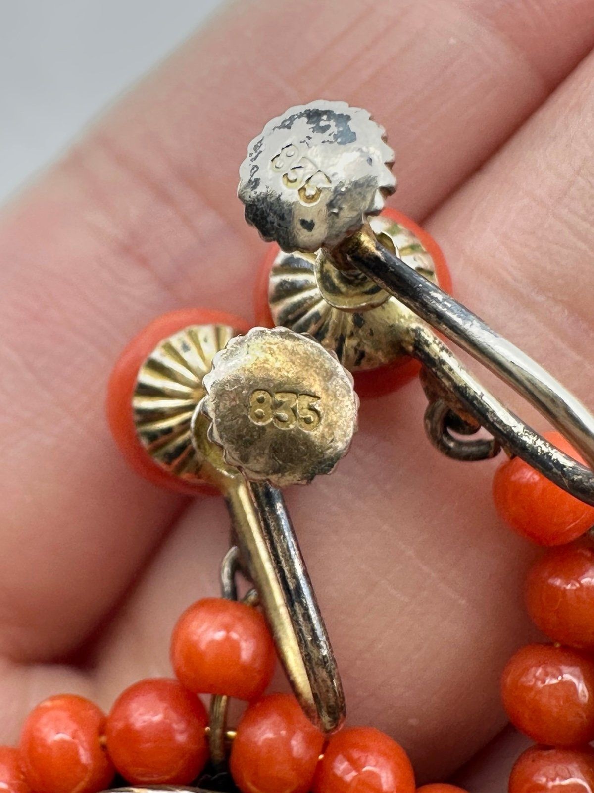 Antique Victorian 835 silver natural red coral screw back Earrings