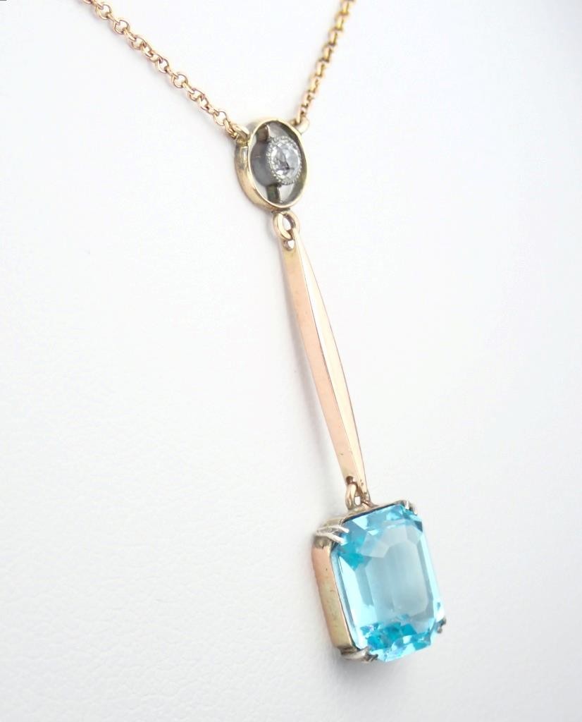 Fab Antique Edwardian Rose Gold Blue Paste White Sapphire Pendant Chain Necklace