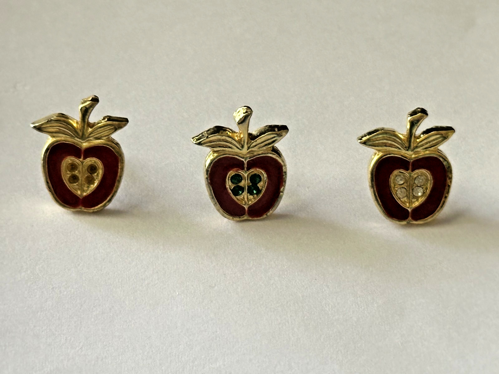 3 Small Enamel Red Apple Pins Set with Varying Color Gems