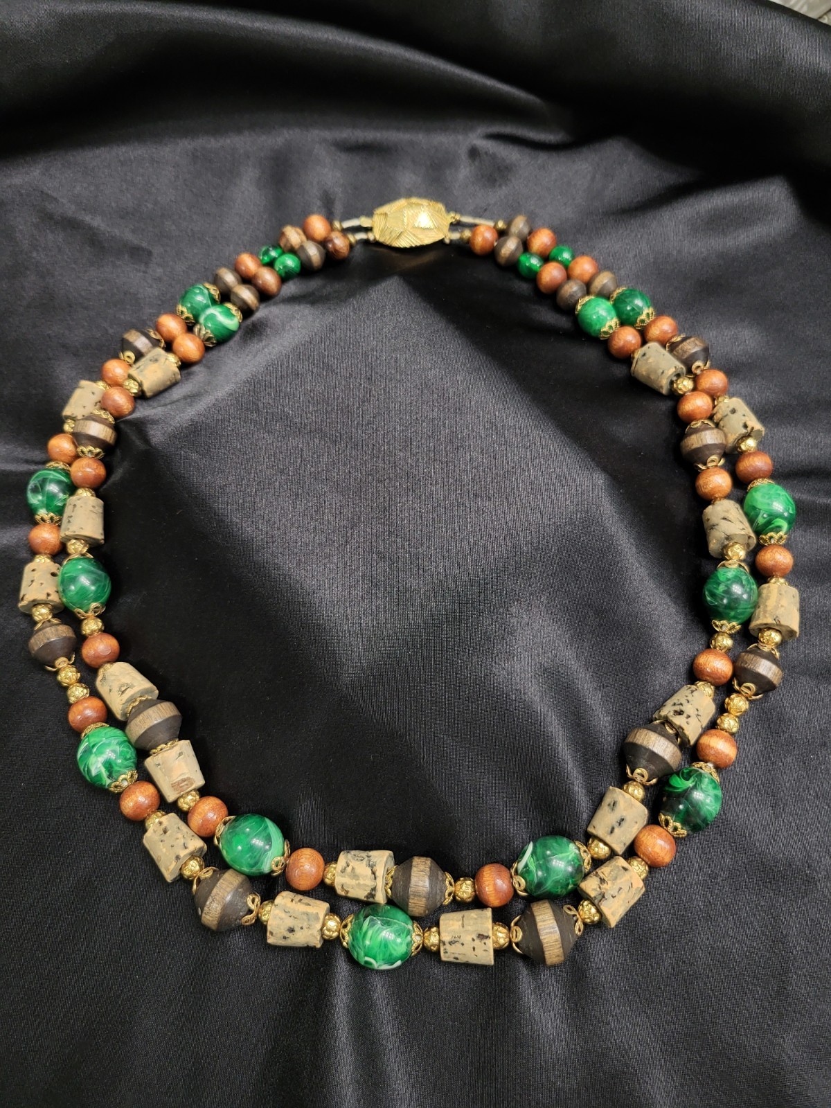 Vintage Multi Strand Beaded Necklace Wood Faux Malachite Cork Boho Statement