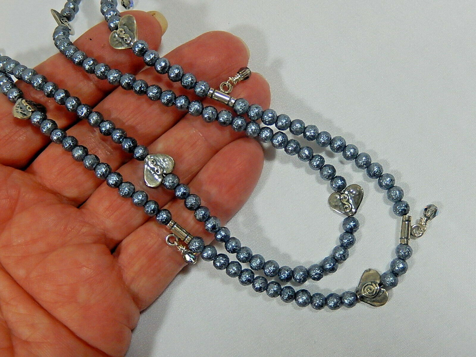 VTG STERLING SILVER 2 STRAND HEART BEAD AND GRAY W CRYSTAL DANGLES NECKLACE 36g