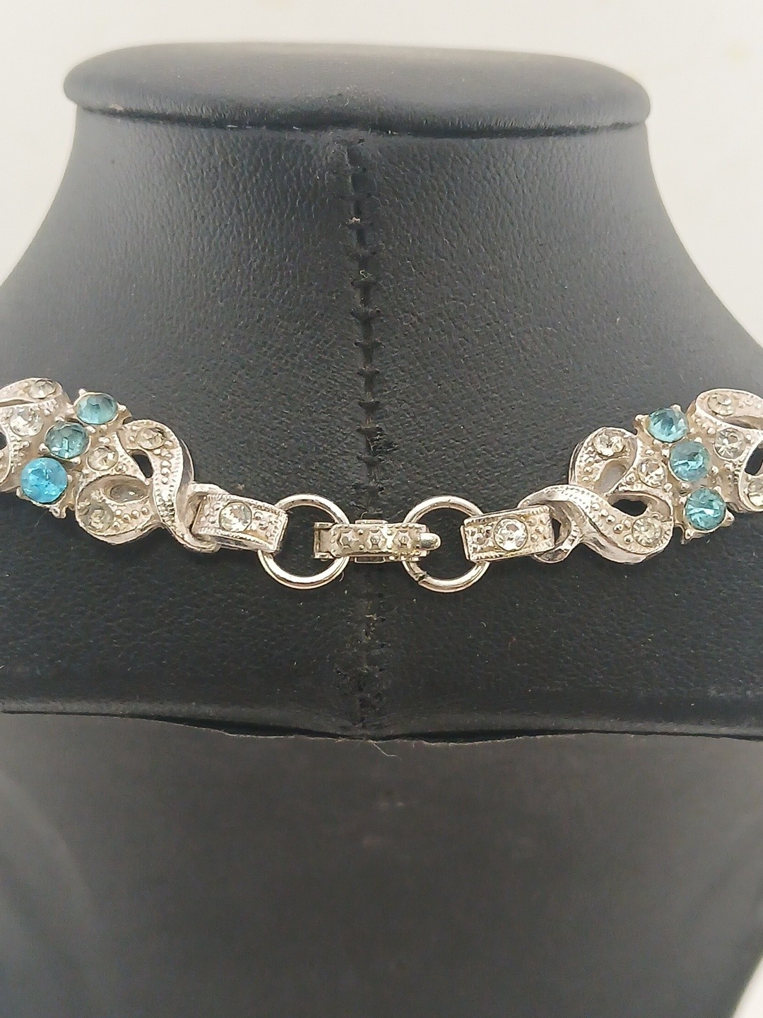 ART DECO REVIVAL Rhodium Plated Panels Clear & Aqua Blue Stones Choker Necklace