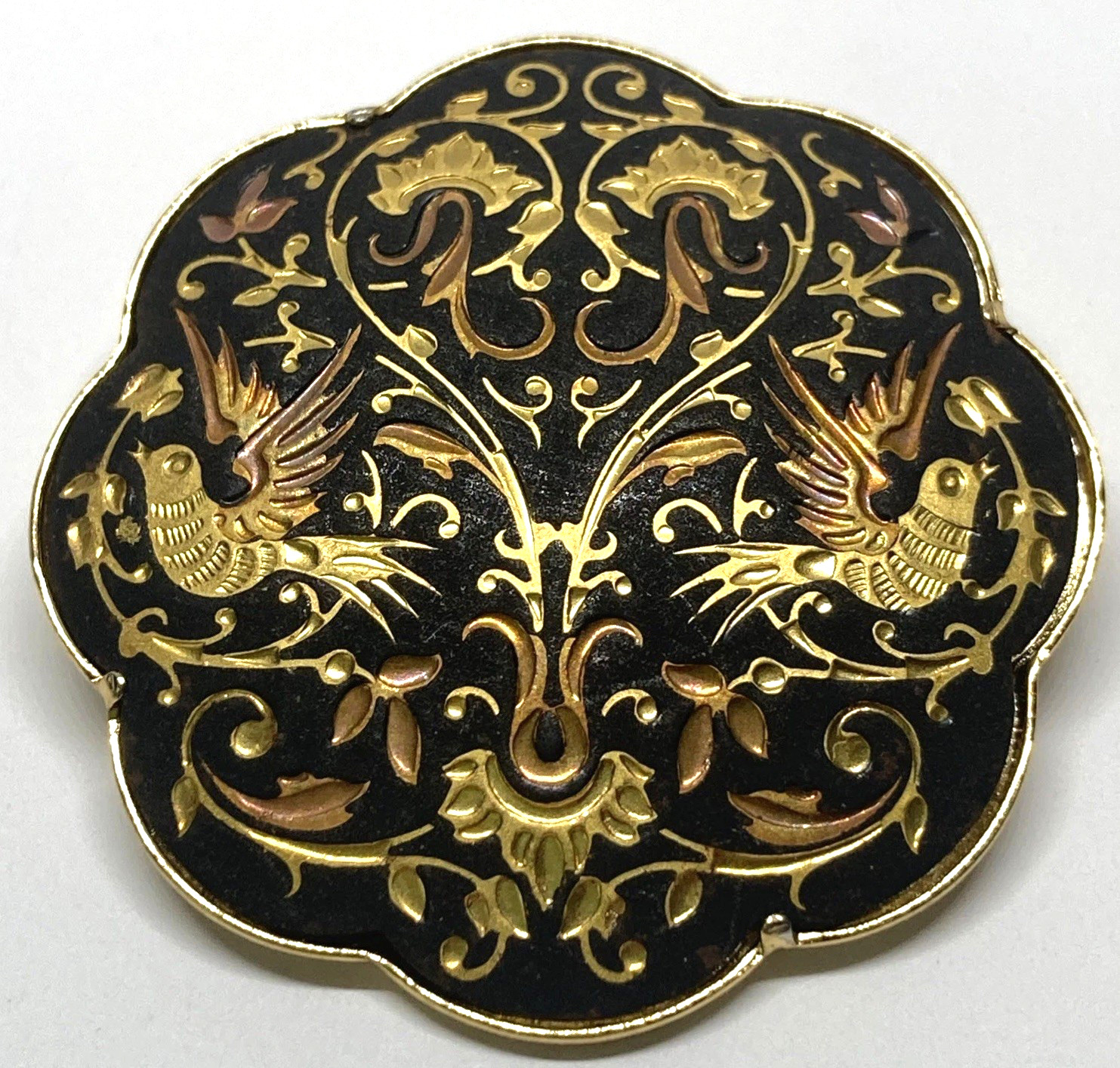 Vintage Spanish Damascene Gold Black Double Bird Two birds Brooch Trombone Clasp