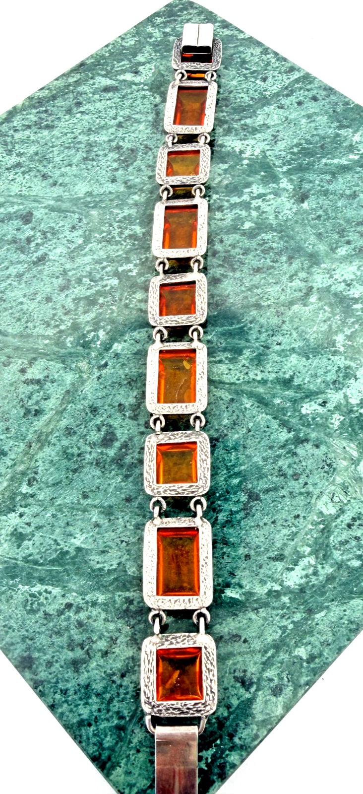 925 Sterling Silver Vintage Multiple Honey Amber Square Link Bracelet 9 stone