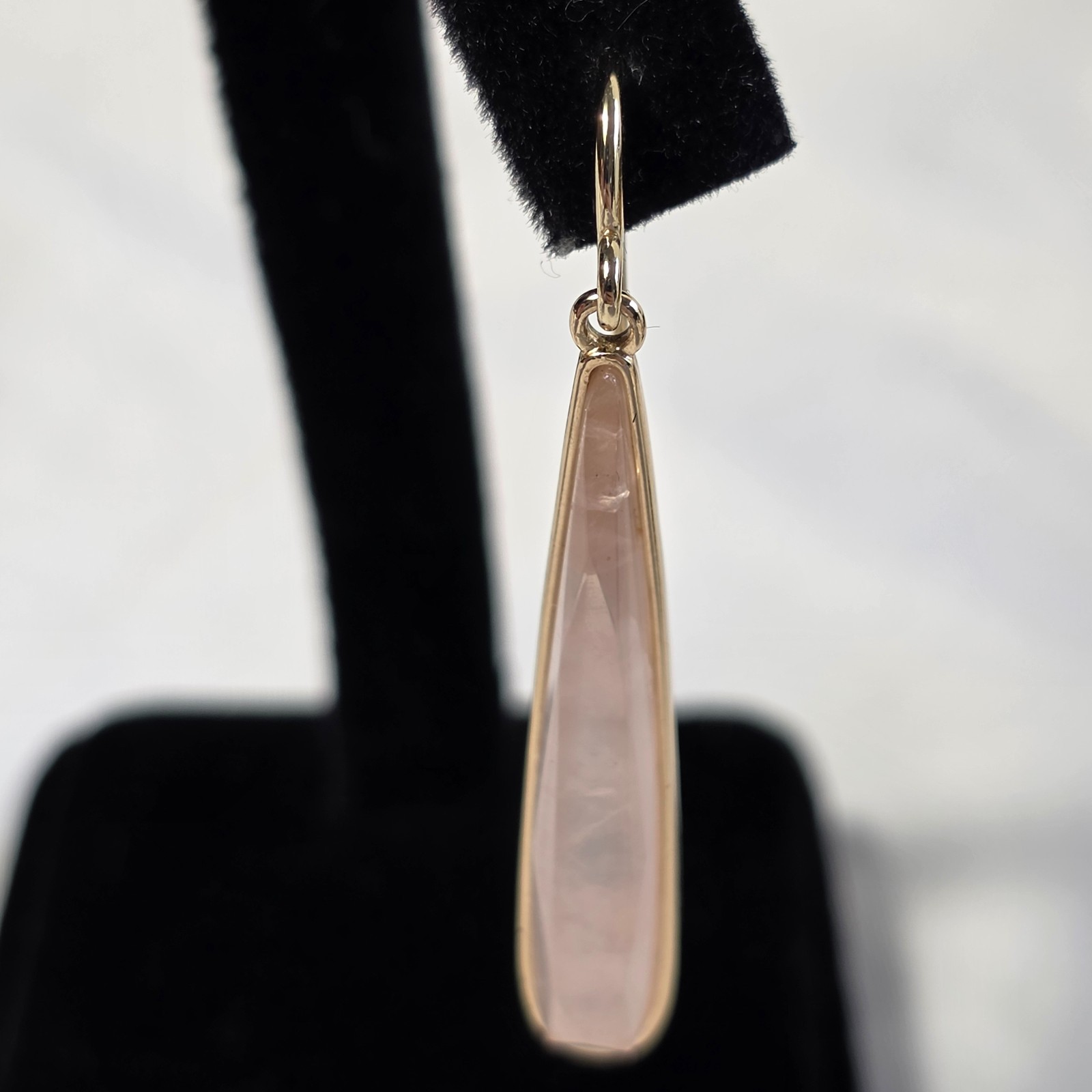 Linear Drop Wire Earrings Elongated Rose Quartz Teardrops in Gold-Tone Metal