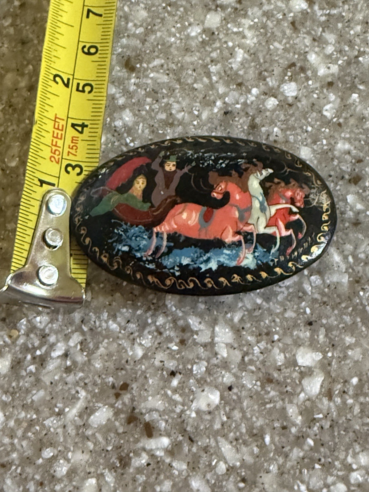 Vintage Russian Hand Painted Lacquer Troika 3 Horses Folk Art Pin/Brooch