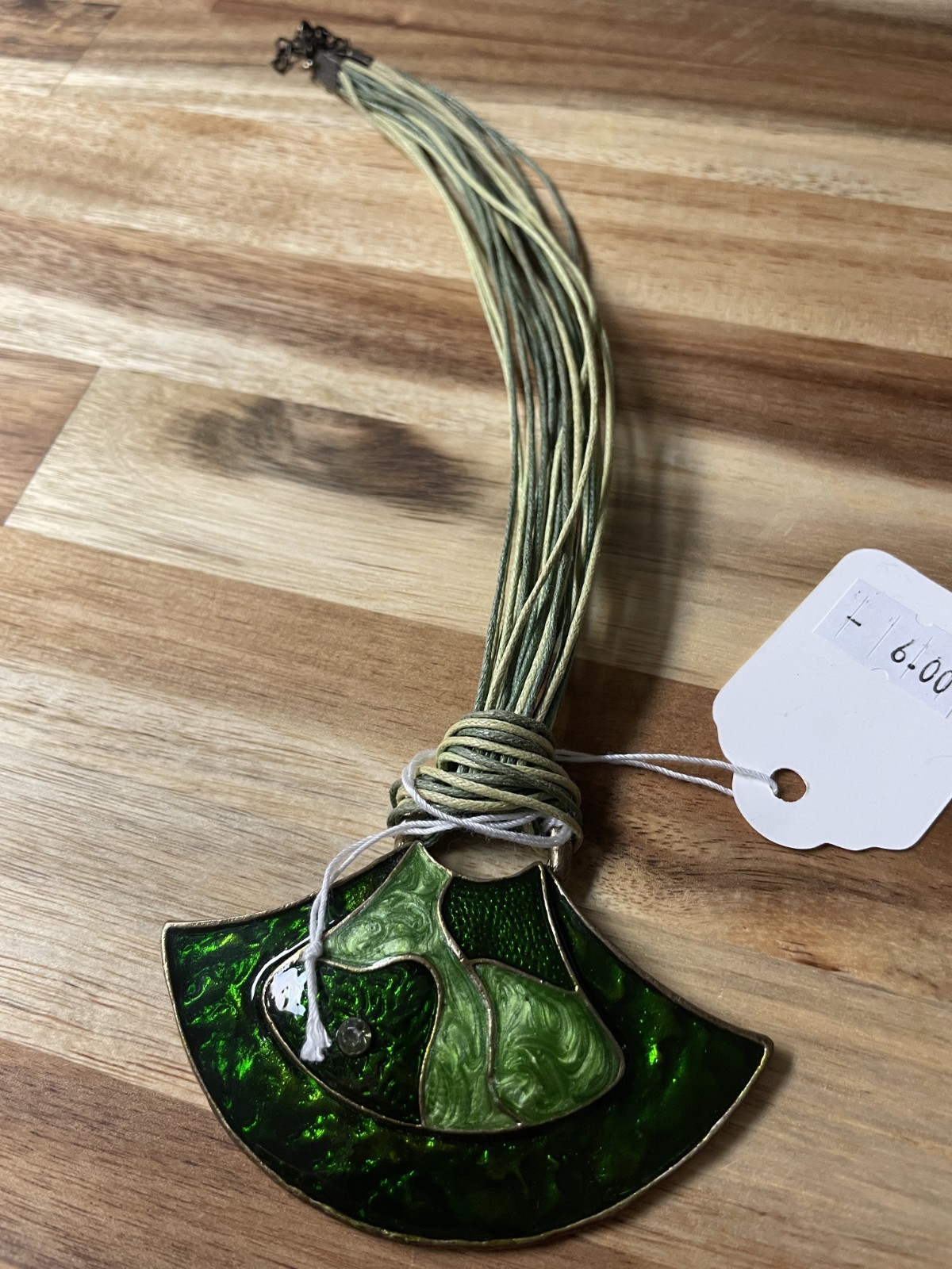 Greenstone Enamel Crescent Ladies Vintage Leather MultiStrand Necklace