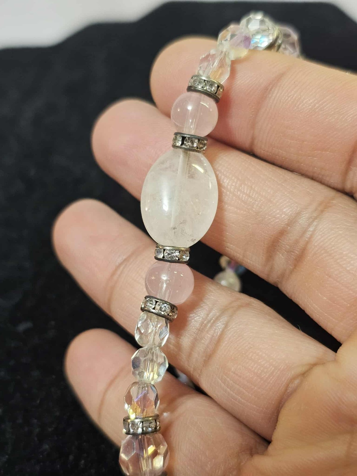 Vtg Beaded Rose Quartz & Clear iridescent glass beads Necklace 25in- S121