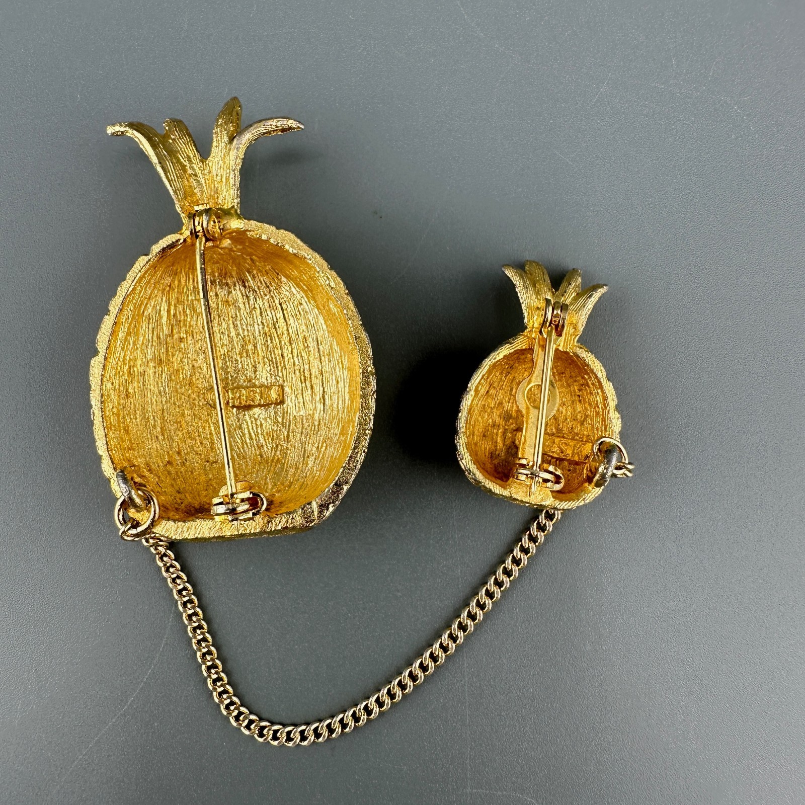 Vintage BSK Pineapple Brooch Double Pin Gold Tone Figural Connected 5″ Chain