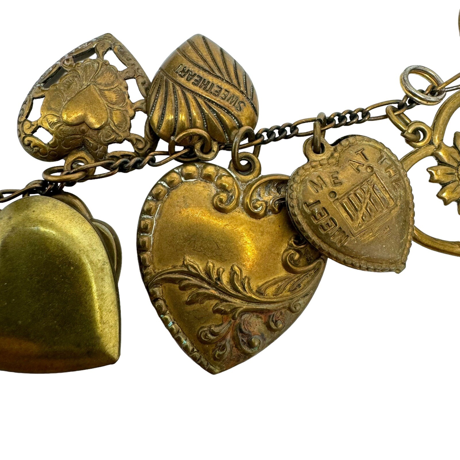Victorian Style Bronze Color Embossed Fancy Hearts Cherub Charm Bracelet