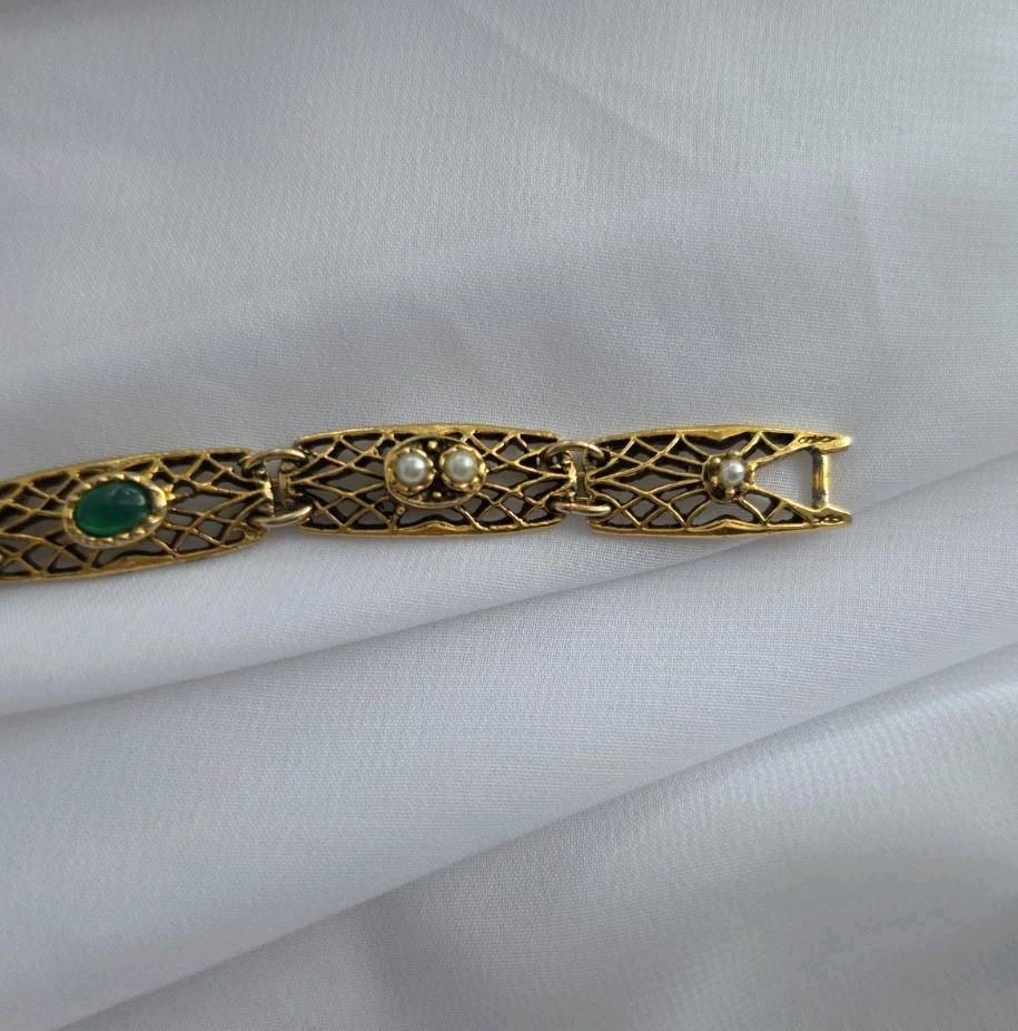 1960s Goldette NY Multi-Stone Gold Tone Bracelet 7.25″ Lattice Links