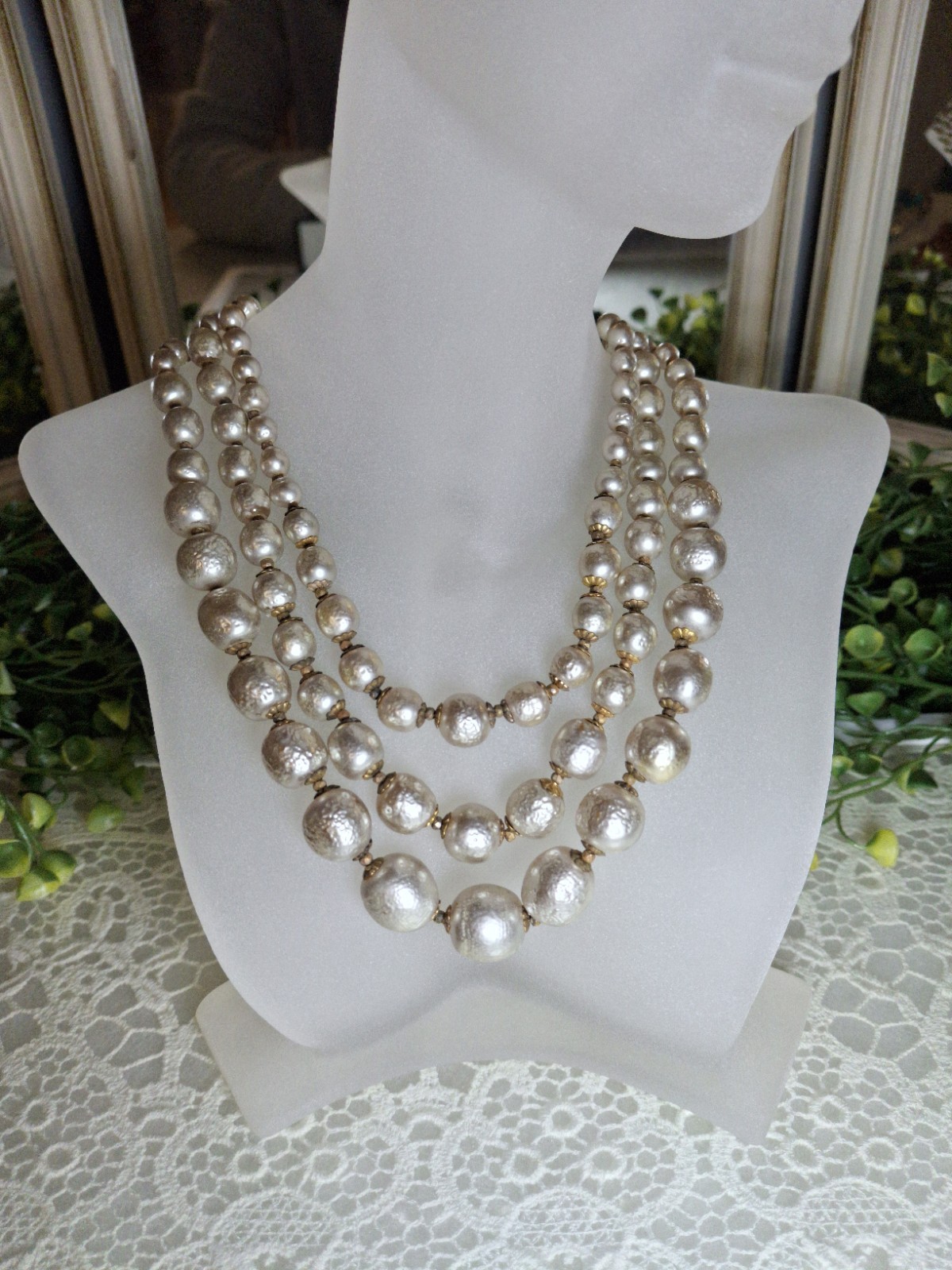 Early Signed Miriam Haskell 3 Strand Silver Niki Baroque Pearl Necklace