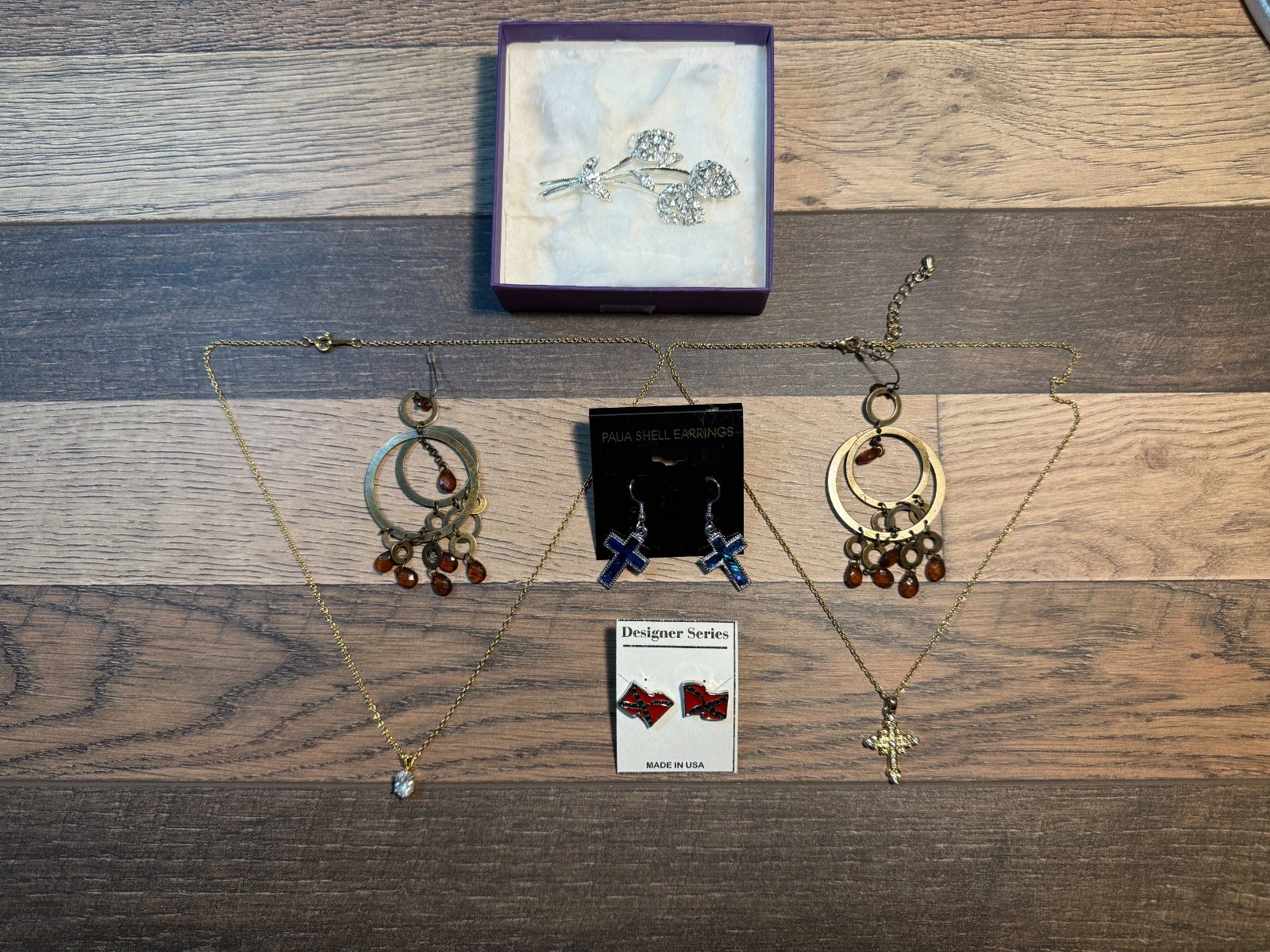 Small Lot Of Costume Jewelry, Necklaces, Earrings, Brooch None with Markings