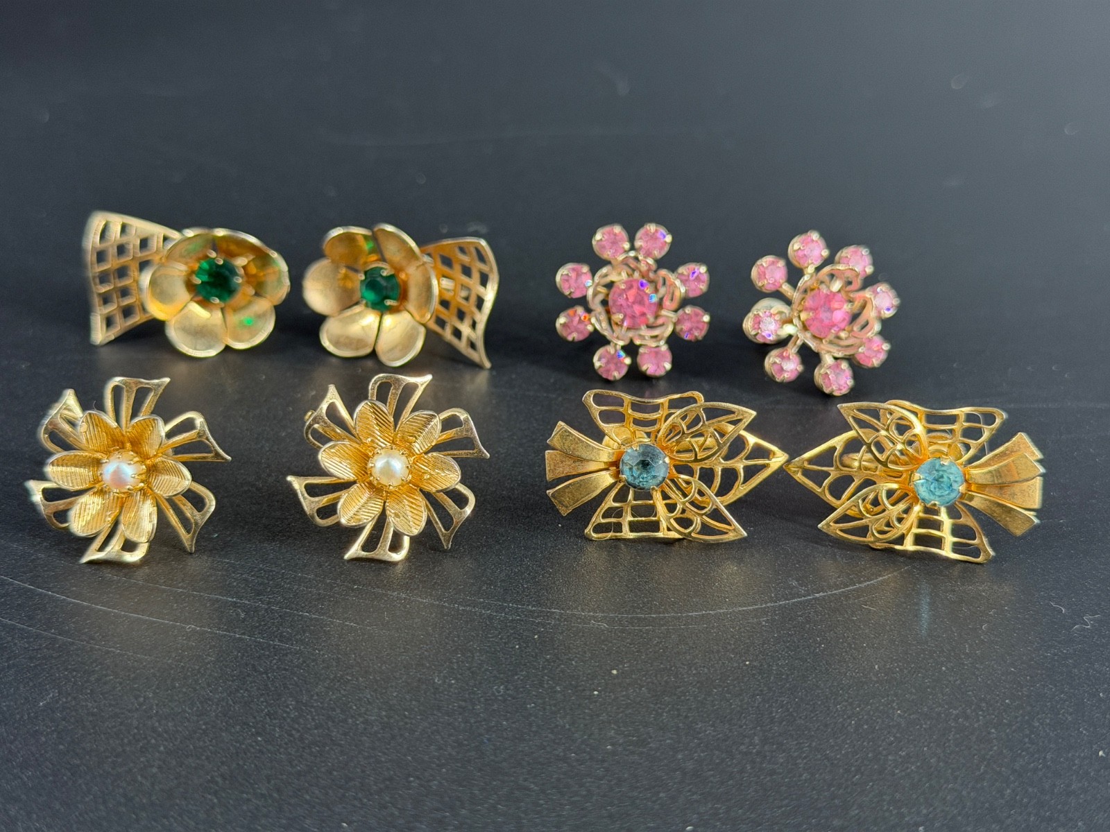Vintage Flower Rhinestone Screw Back Earrings Lot 50s 60s