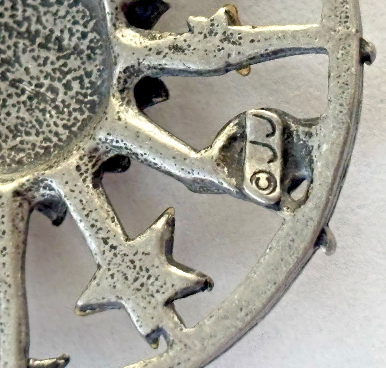 Vintage JJ Jonette Signed Celestial Brooch Pin Pewter Gold Tone Sun Moon Stars