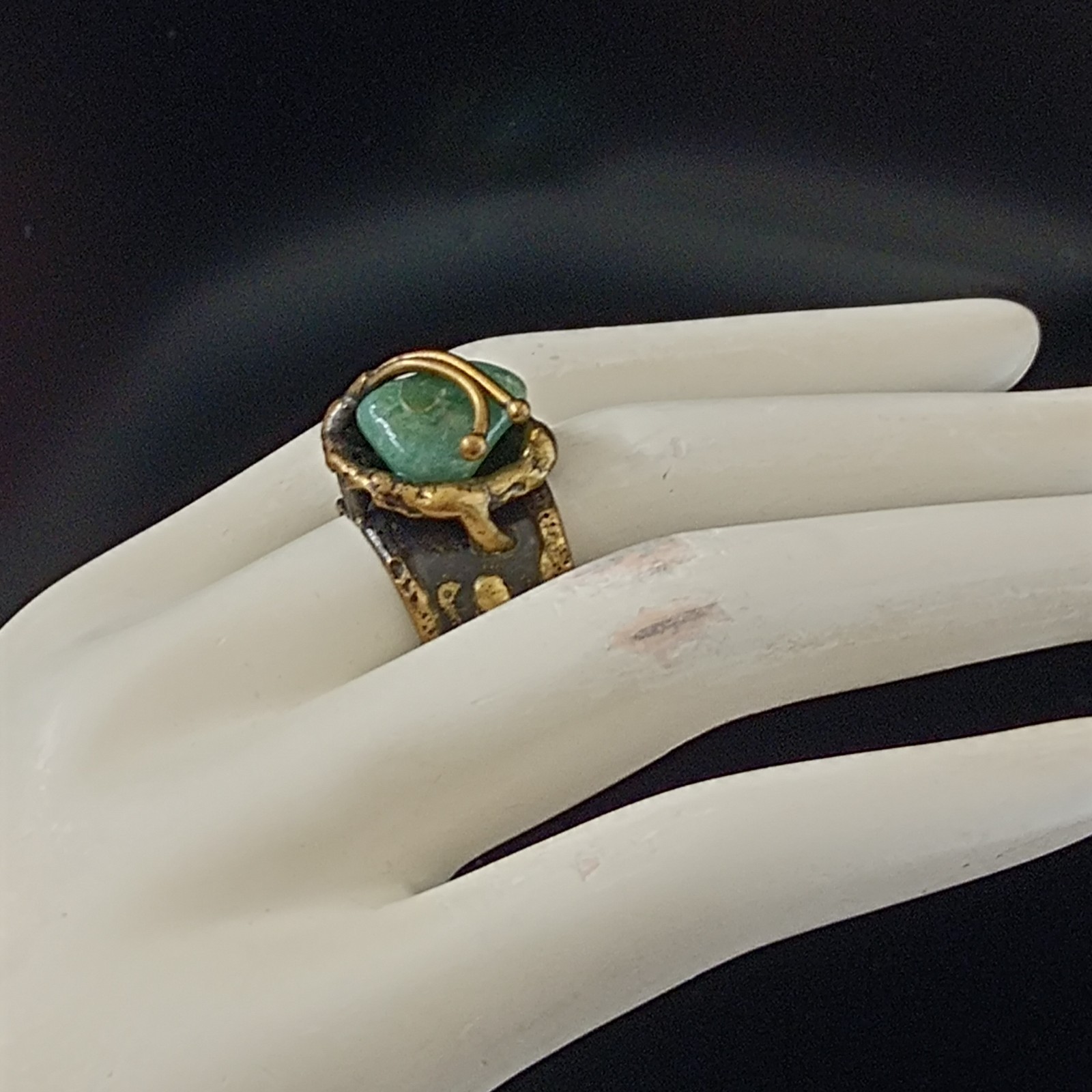 Brutalist Boho Ring Green Stone Organic Art Nouveau Revival Adjustable Statement