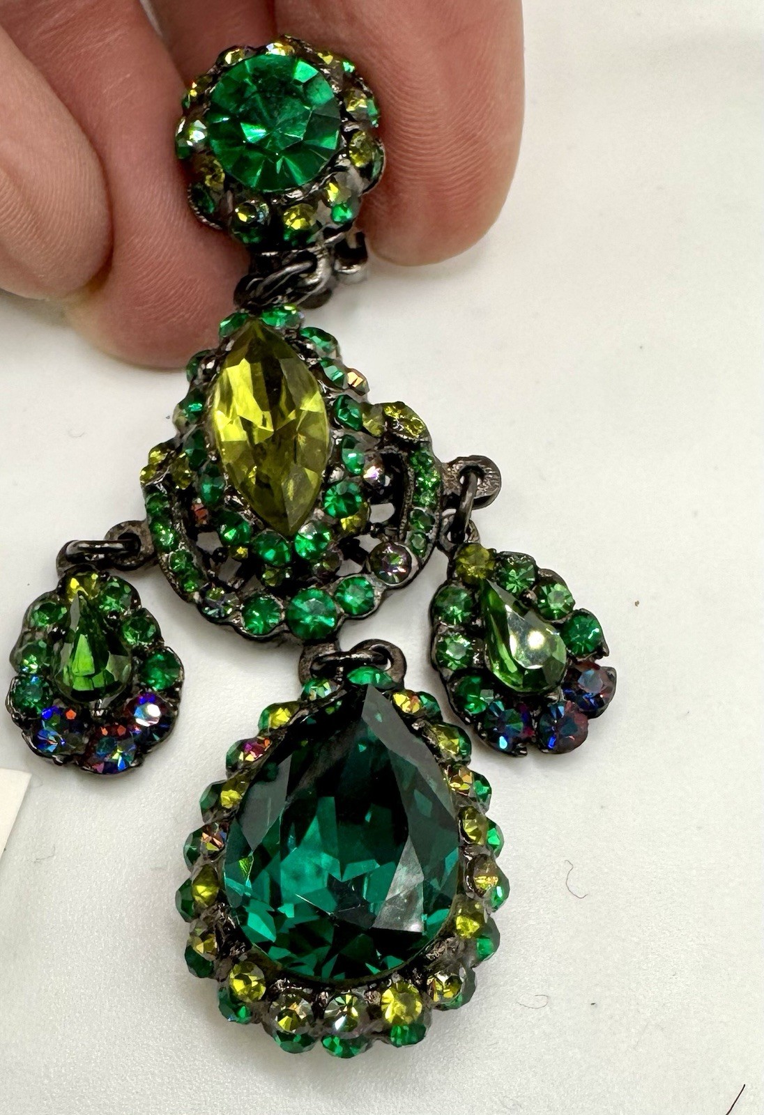 Barrera Crystal Clip-On Drop Earrings Of vibrant green crystals set in Gunmetal