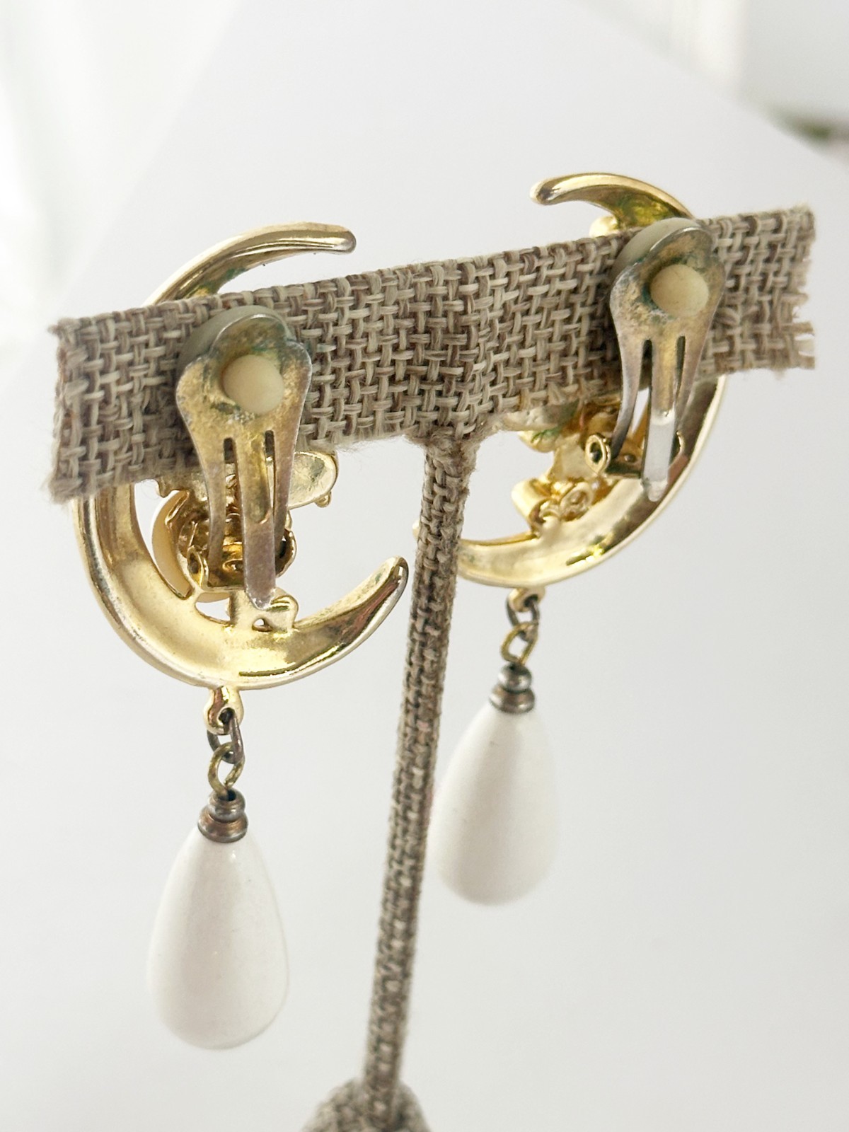 Vintage Crescent Moon Dangle Earrings White Cabochon Gold Tone Clip On Celestial