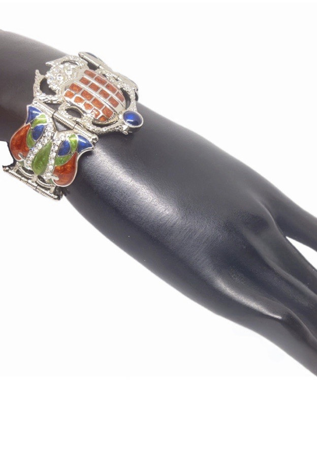 Vintage Signed EDGAR BEREBI Cleopatra Scarab Enamel & Crystal Link Bracelet 7.5”