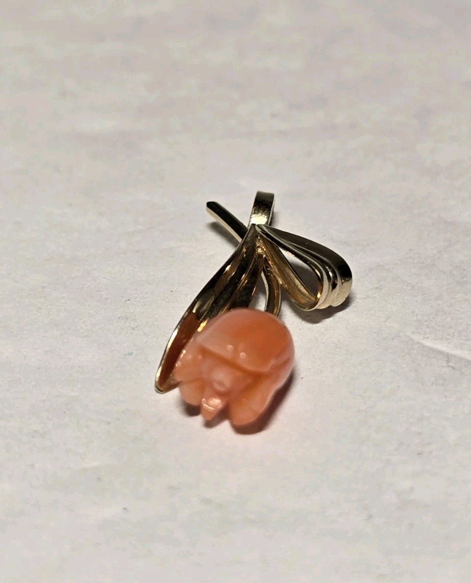 Vintage 14K Yellow Gold Plated Peach Coral Tulip Flower Dangle Pendant 14KGE