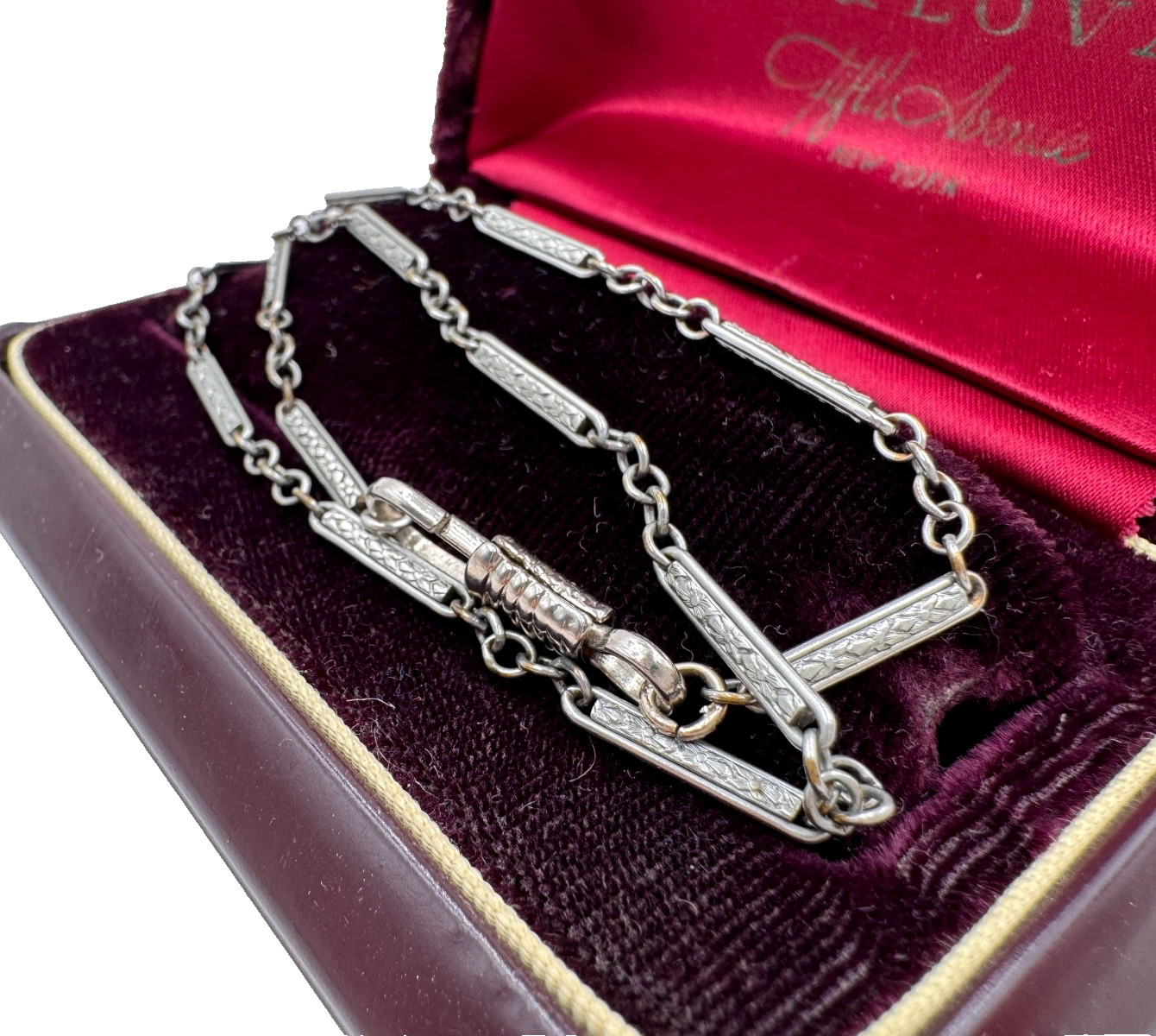 ANTIQUE VICTORIAN WATCH FOB BAR LINKS CHAIN SILVER PLATE 14″ LENGTH W/ DOG CLIP