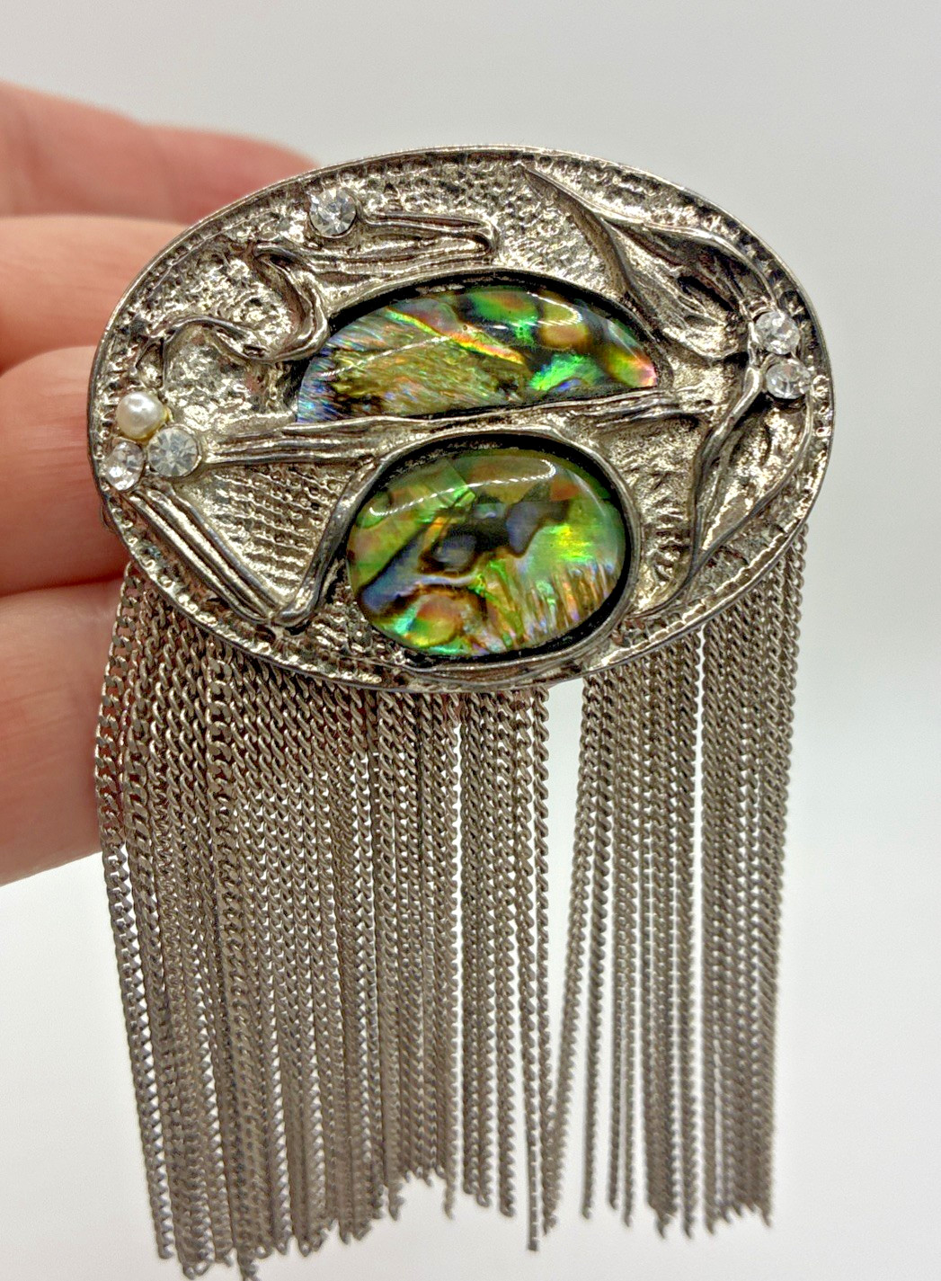 Vintage Brooch Abalone Shell Tassel Rhinestone Silver Tone Dangle Chain Pin