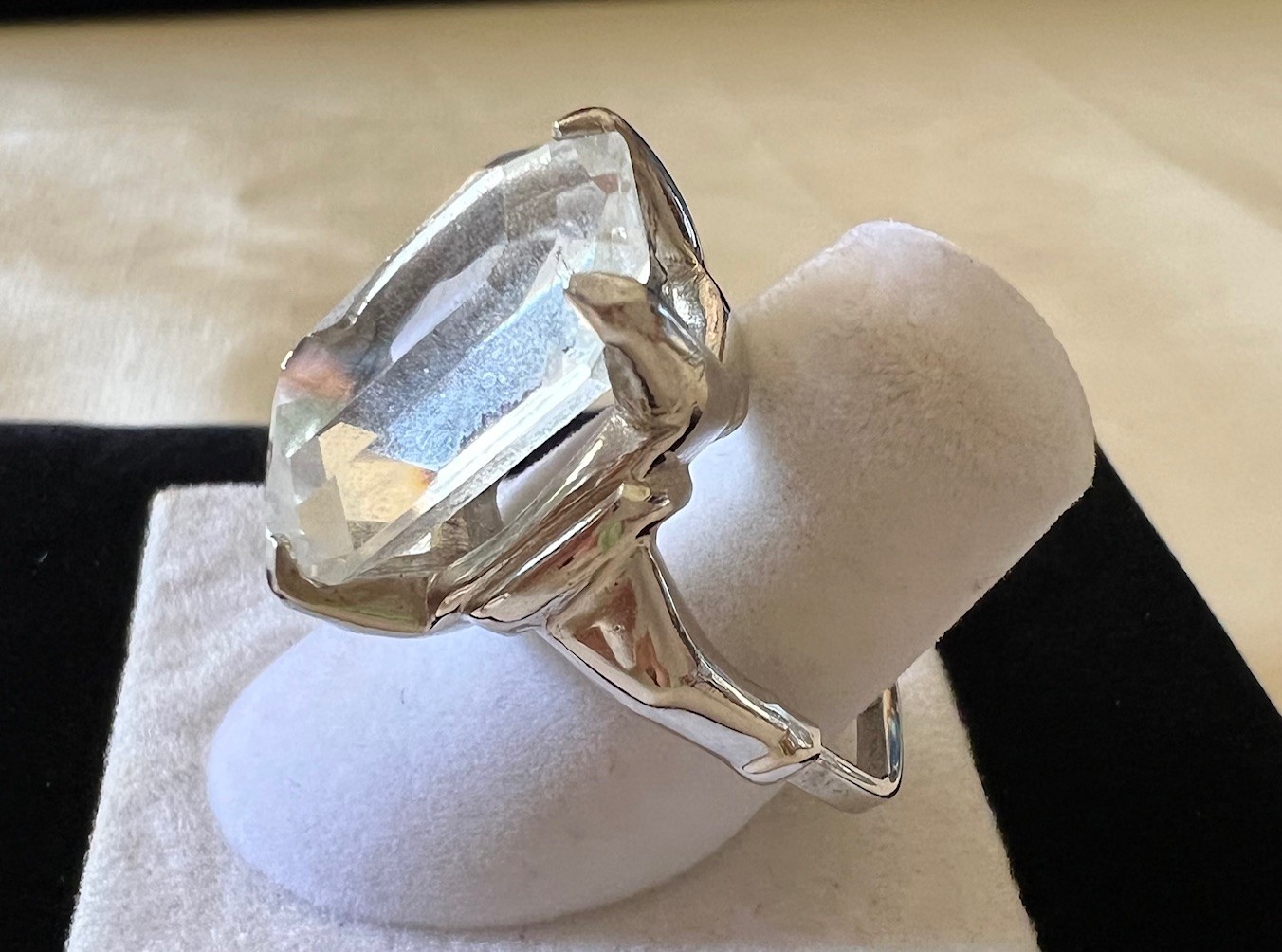 1960s Vintage VENDOME adjustable cocktail ring, w/ clear glass emerald-cut stone