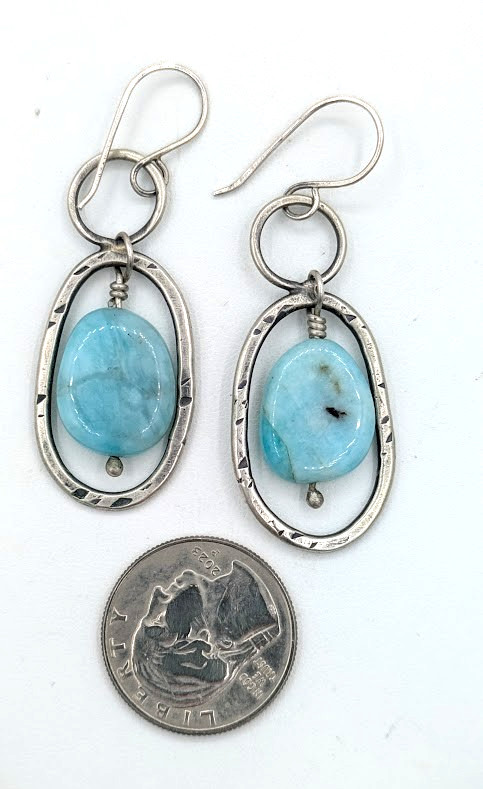 Vintage Artisan Sterling Silver Blue Larimar Dangle Drop Earrings