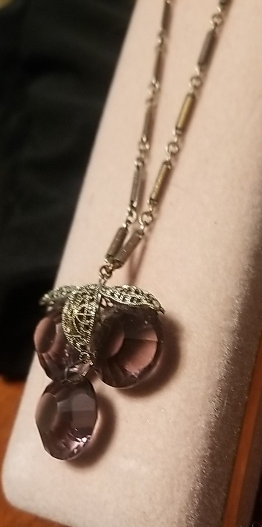 Art Deco Necklace, Purple Paste Glass, Silver & Brass Filigree, 18 Inch Chain